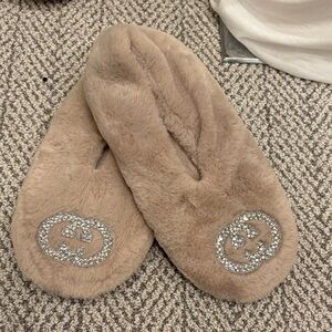 Luxurious Beige Fur Slippers with Embellished Logo